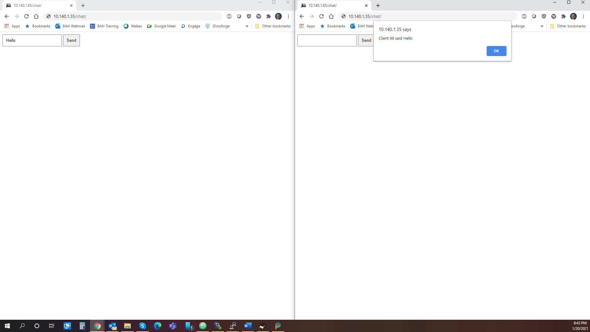 Chat message shown on other browser